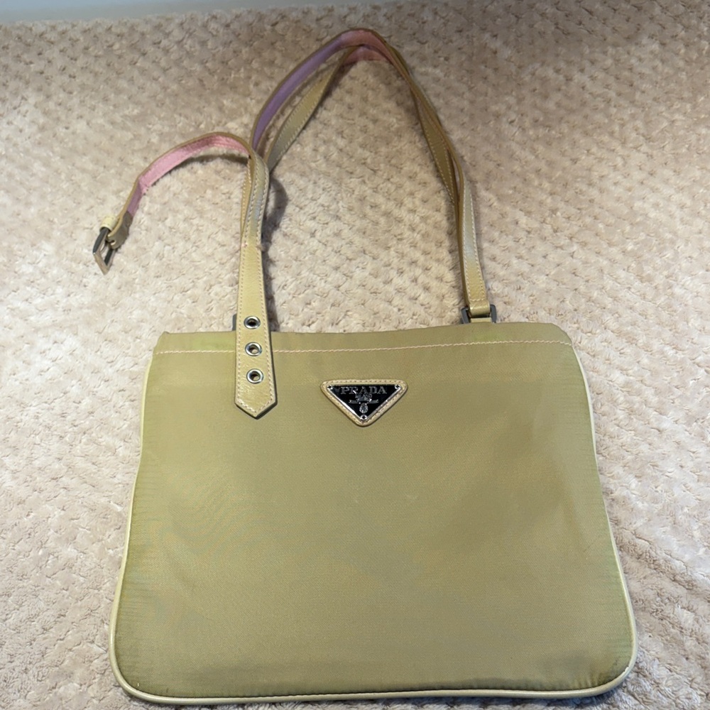 Olive Green Prada Shoulder Bag with Pink Accents